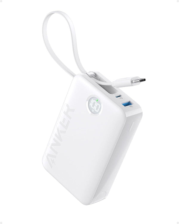 Anker 335 Power Bank 20K mAh 22.5W With Built-In USB-C Cable White - باوربنك 20 الف ملي امبير مع كيبل تايب سي وشاشة رقمية من انكر ابيض