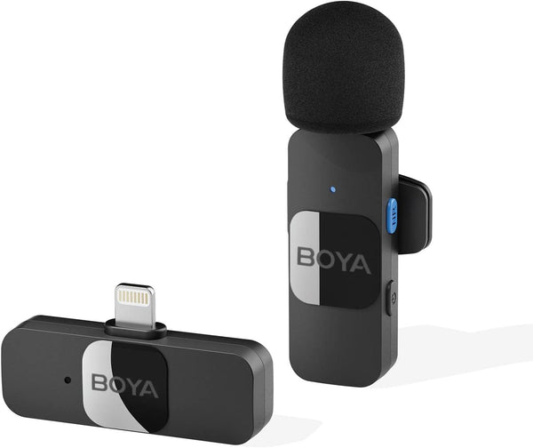 Boya by-V1 2.4 ghz Omnidirectional wireless microphone system with a Transmitter & a receiver for iOs devices - نك مايك لاسلكي متعدد الاتجاهات بتردد 2.4 جيجا هرتز مع جهاز إرسال واستقبال لايتننغ من بويا