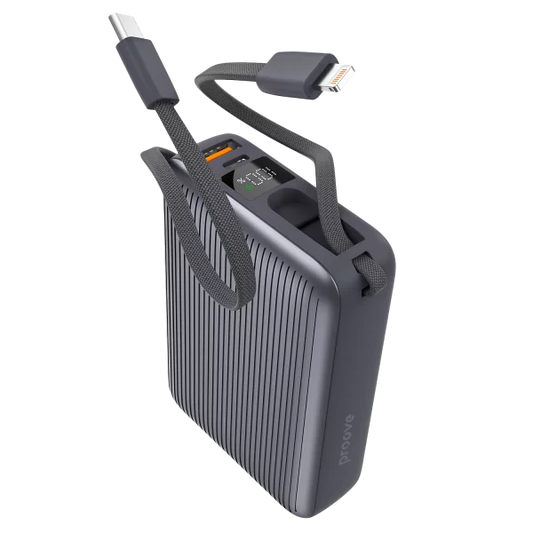 Proove Power Bank  Moon Rock 22.5W 20000mAh With Integrated Charging Cables Type-C/Lightning gray  - باوربنك 20000 ملي امبير 22.5 مع كيبل تايب سي و لايتننغ مدمجين من بروف رصاصي