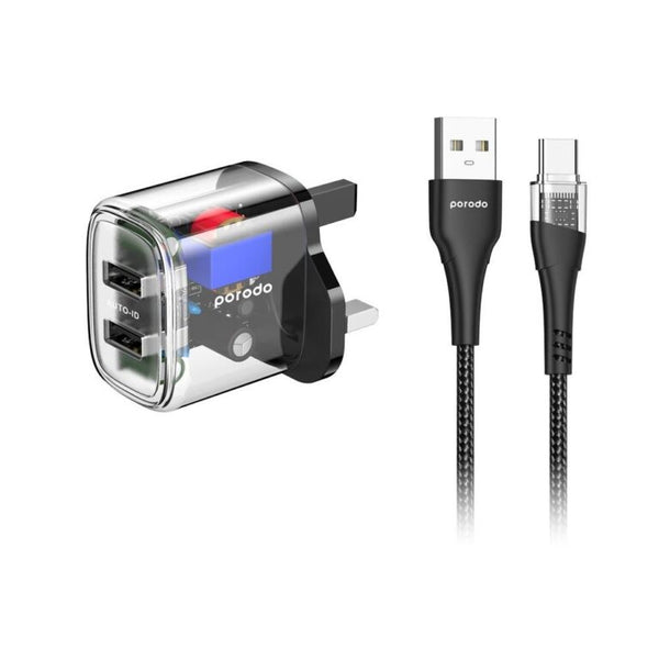 Porodo Dual Output Transparent Charger 2.4A UK with USB-A to Type-C Cable 1.2M - شاحن 12 واط مع كيبل تايب سي من بورودو