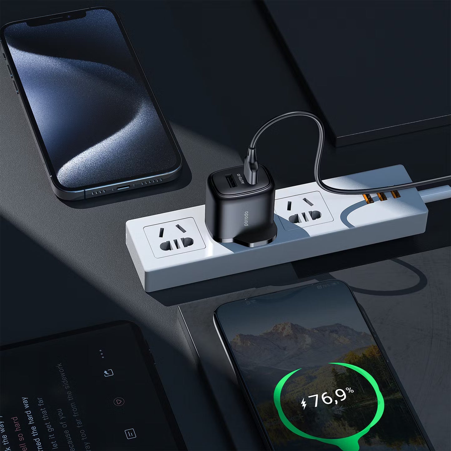 Porodo 12W Double USB 2.4A Charger UK with A-Lightning 1.2M cable Black - شاحن 12 واط مع كيبل يو اس بي لايتننغ من بورودو اسود