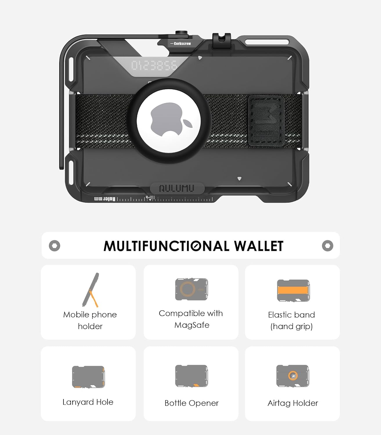AULUMU G03 MULTI-TOOL MAGNETIC METAL WALLET GENUINE LEATHER COVER GRAY - محفظة بطاقات مغناطيسية متعددة الادوات بغطاء جلد طبيعي مع ستاند من اولومو رمادي