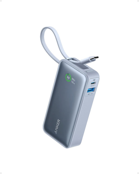 Anker Nano Power Bank (30W, Built-In USB-C Cable) Blue - باوربنك 10000 ملي امبير مع كيبل تايب سي 30 واط وشاشة رقمية من انكر ازرق
