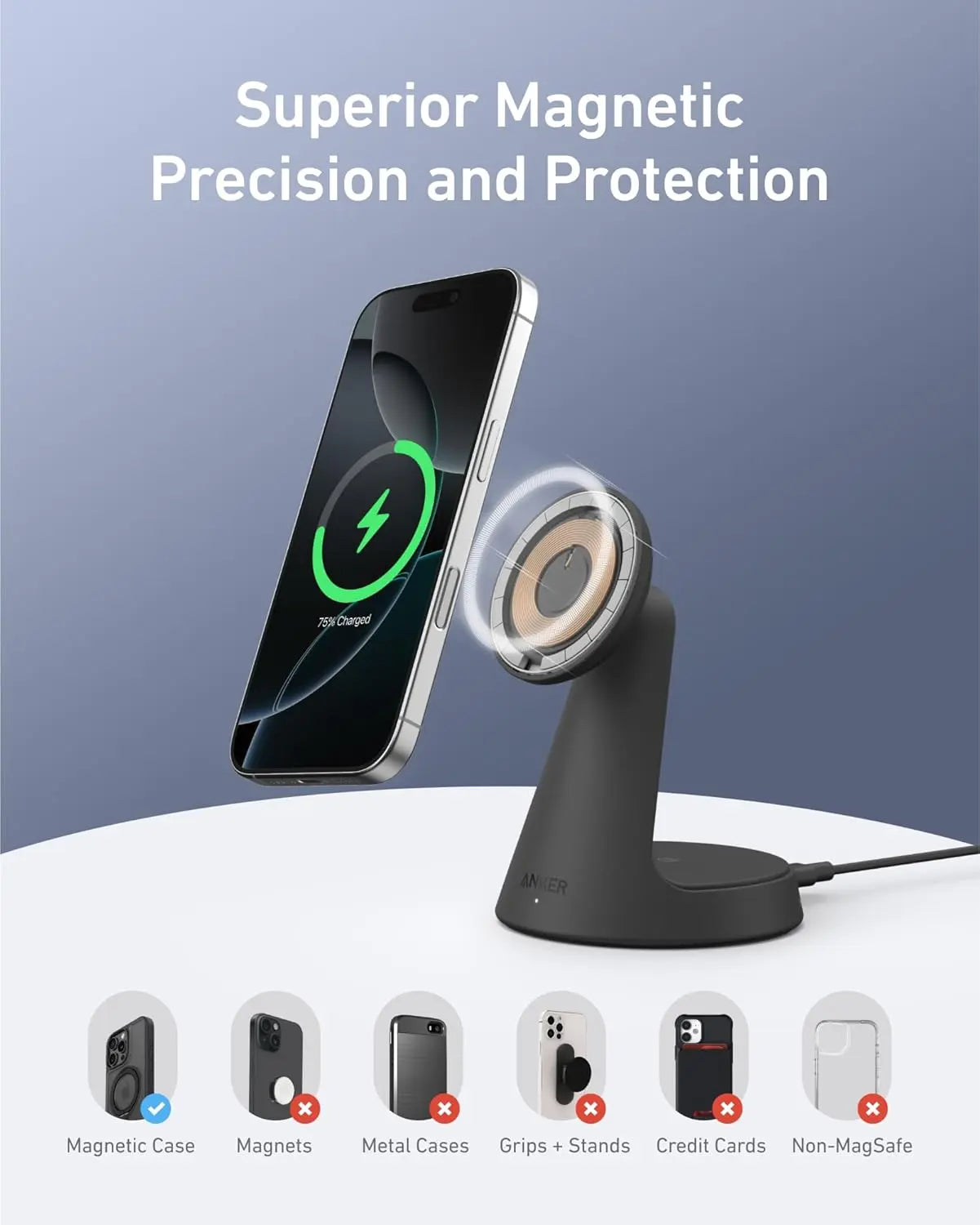 Anker MagGo Wireless Charger 2-in-1 Dock Stand Black - شاحن لاسلكي 2 في 1  بقوة اجمالية 20 واط من انكر