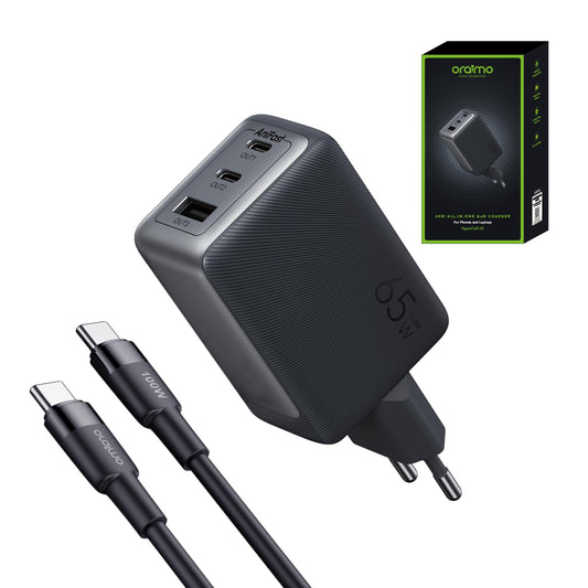 Oraimo HyperGaN 65W USB C Charger with 100W Type-C to Type-C Cable 3 Ports - شاحن 65 واط مع كيبل تايب سي تايب سي 100 واط من اورايمو