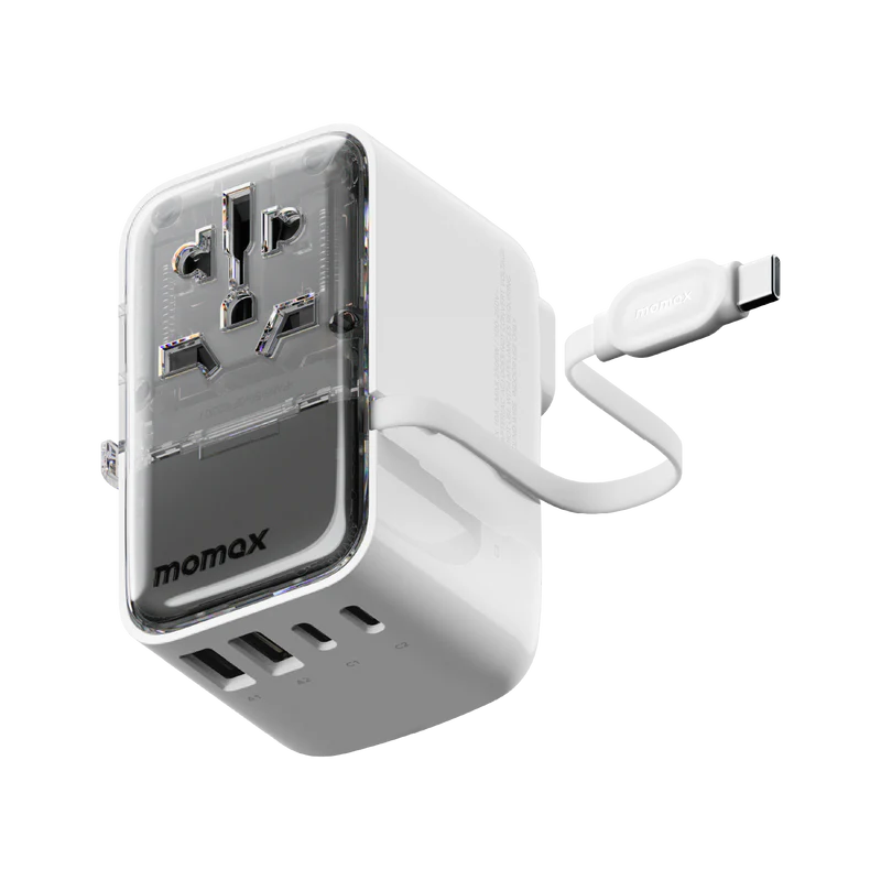 Momax World+ Flow 35W 4-Port w/ Built-in USB-C Cable + AC Travel Adaptor White - شاحن عالمي للسفر 35 واط مع كيبل تايب سي مدمج من موماكس ابيض