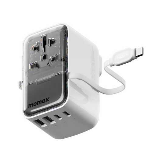 Momax World+ Flow 35W 4-Port w/ Built-in USB-C Cable + AC Travel Adaptor White - شاحن عالمي للسفر 35 واط مع كيبل تايب سي مدمج من موماكس ابيض