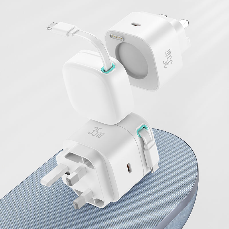 USAMS US-CC204 PD35W Dual Output GaN Fast Charger With Type-C Magnetic Retractable Cable Module white -  شاحن 35 واط مع كيبل تايب سي مدمج مغناطيسي قابل للازالة من يوسامس ابيض