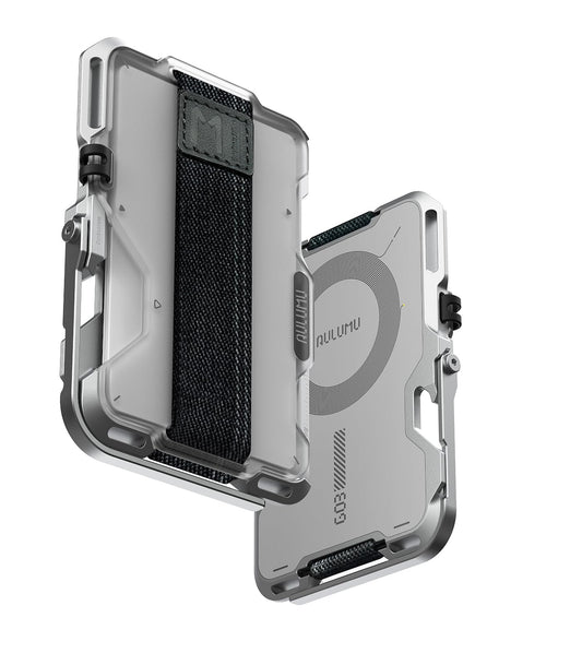 AULUMU G03 MULTI-TOOL MAGNETIC METAL WALLET GENUINE LEATHER COVER SLIVER - محفظة بطاقات مغناطيسية متعددة الادوات بغطاء جلد طبيعي مع ستاند من اولومو فضي