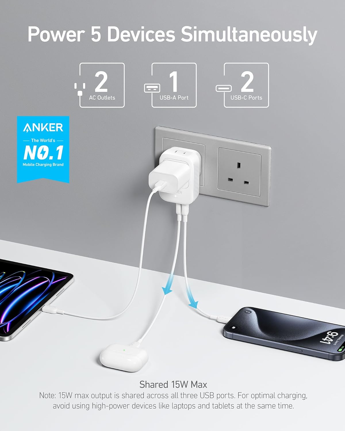 Anker Travel Adapter 5-in-1 2AC2C1A Ports 15W UK White - شاحن عالمي للسفر 5 في 1 من انكر