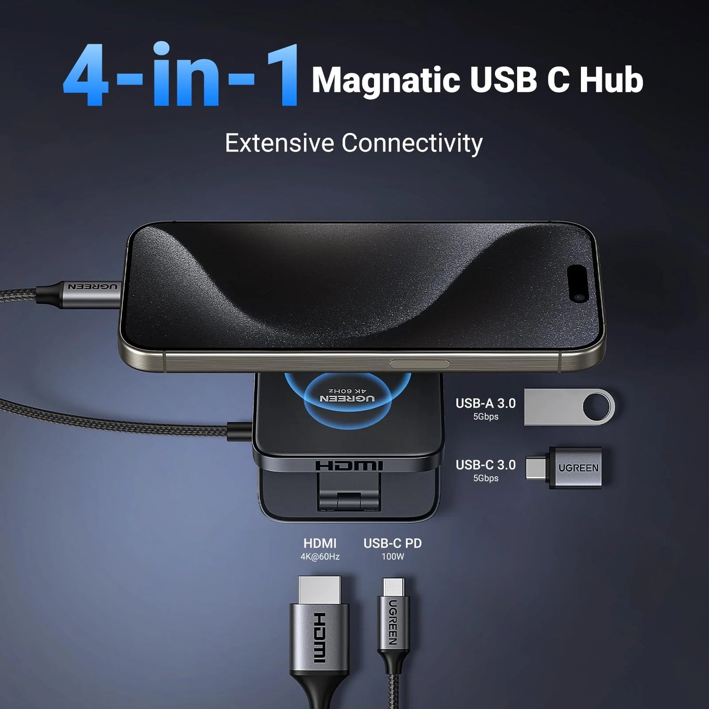 UGREEN Adapter Magnetic 4-in-1 USB-C Hub 100W - محول مغناطيسي 4 في 1 بقوة 100 واط مع ستاند من يوكرين اسود