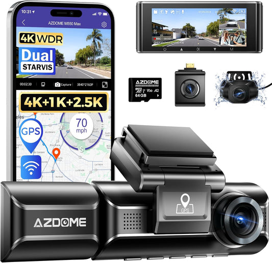 Azdome Dash Cam M550 Max 3  Channels 4k with 64GB TF card - كاميرا سيارة ثلاثية القنوات بدقة 4K امامية و2.5K داخلية و1080P خلفية مع كارت ذاكرة 64 جيجابايت من ازدوم