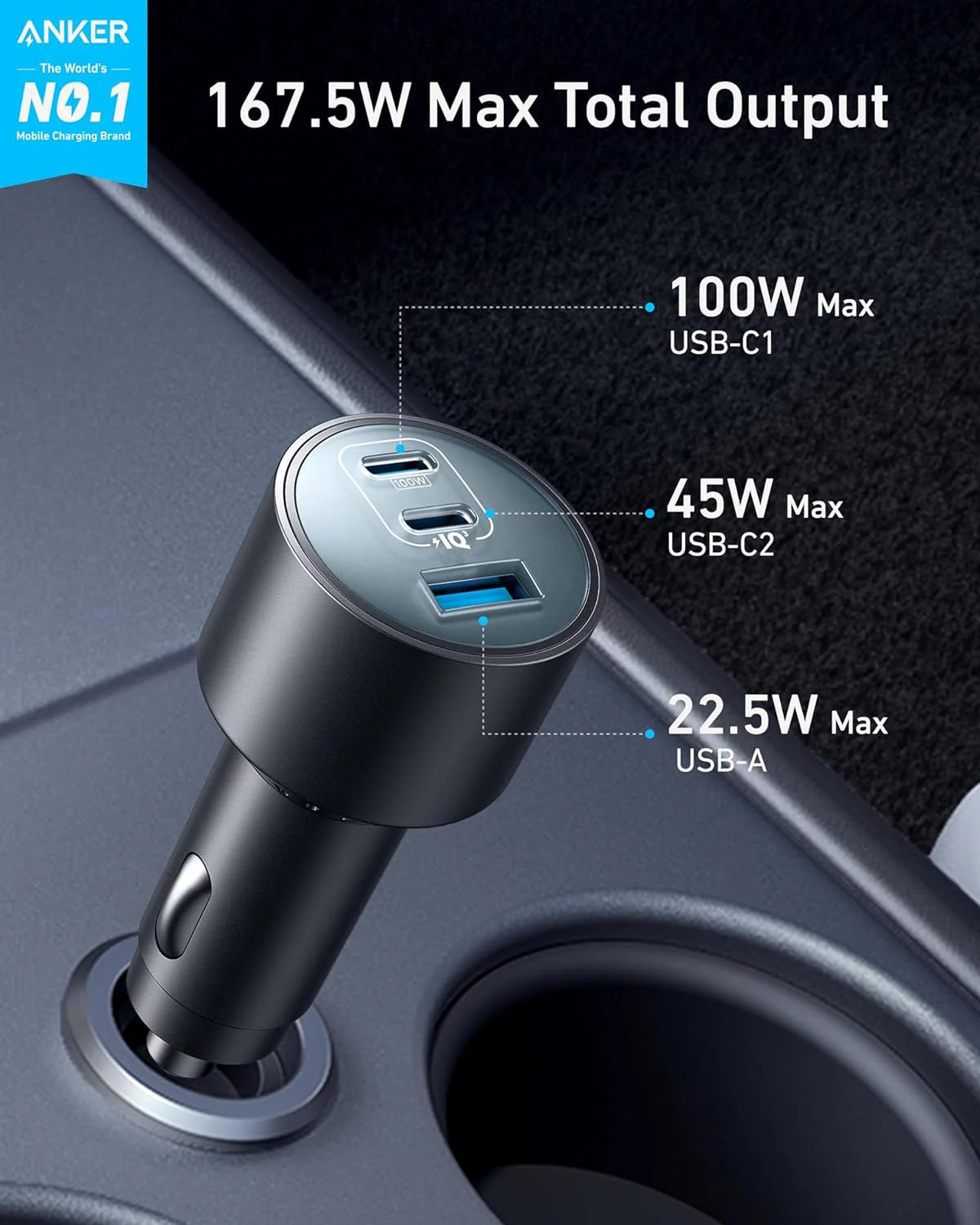 Anker Car Charger 3-Ports 167.5W with 3.3ft USB-C Cable Gray - شاحن سيارة ثلاثي المنافذ 167.5 واط مع كيبل تايب سي تايب سي من انكر