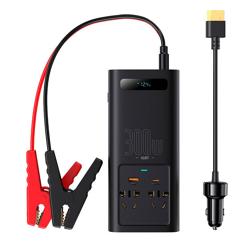 BASEUS 300W CAR INVERTER 220V CHINESE AND EUROPEAN REGULATIONS (BLACK) - محول طاقة 300 واط مع منافذ شحن وشاشة رقمية من باسيوس