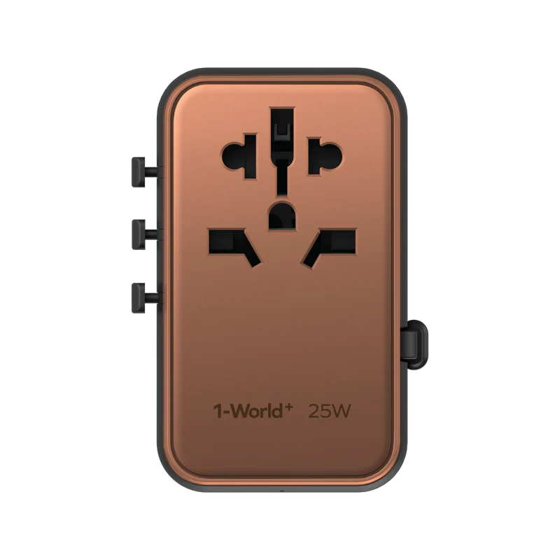 Momax World+ 25W 3-Port w/ Built-in USB-C Cable + AC Travel Adaptor Gold - شاحن عالمي للسفر 25 واط مع كيبل تايب سي مدمج وقابل للسحب من موماكس لون ذهبي