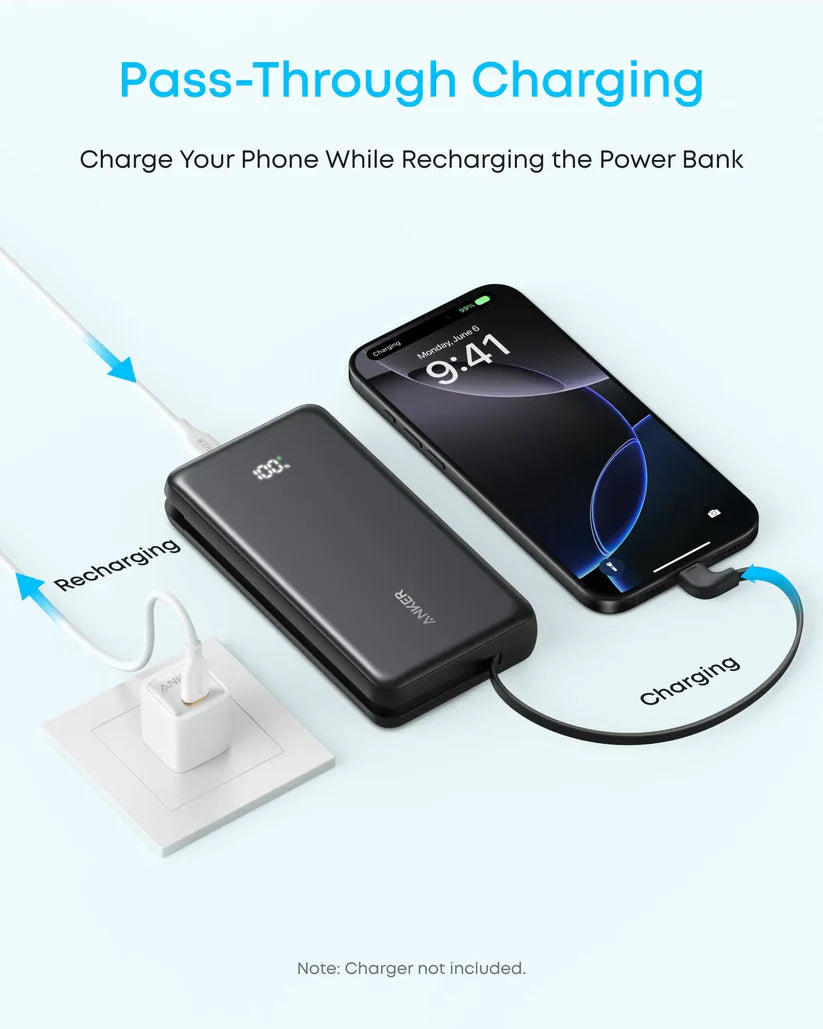 Anker Zolo Power Bank 20K 22.5W Built-In USB-C Cable Black - باوربنك 20000 ملي امبير 22.5 واط مع كيبل تايب سي مدمج من انكر اسود