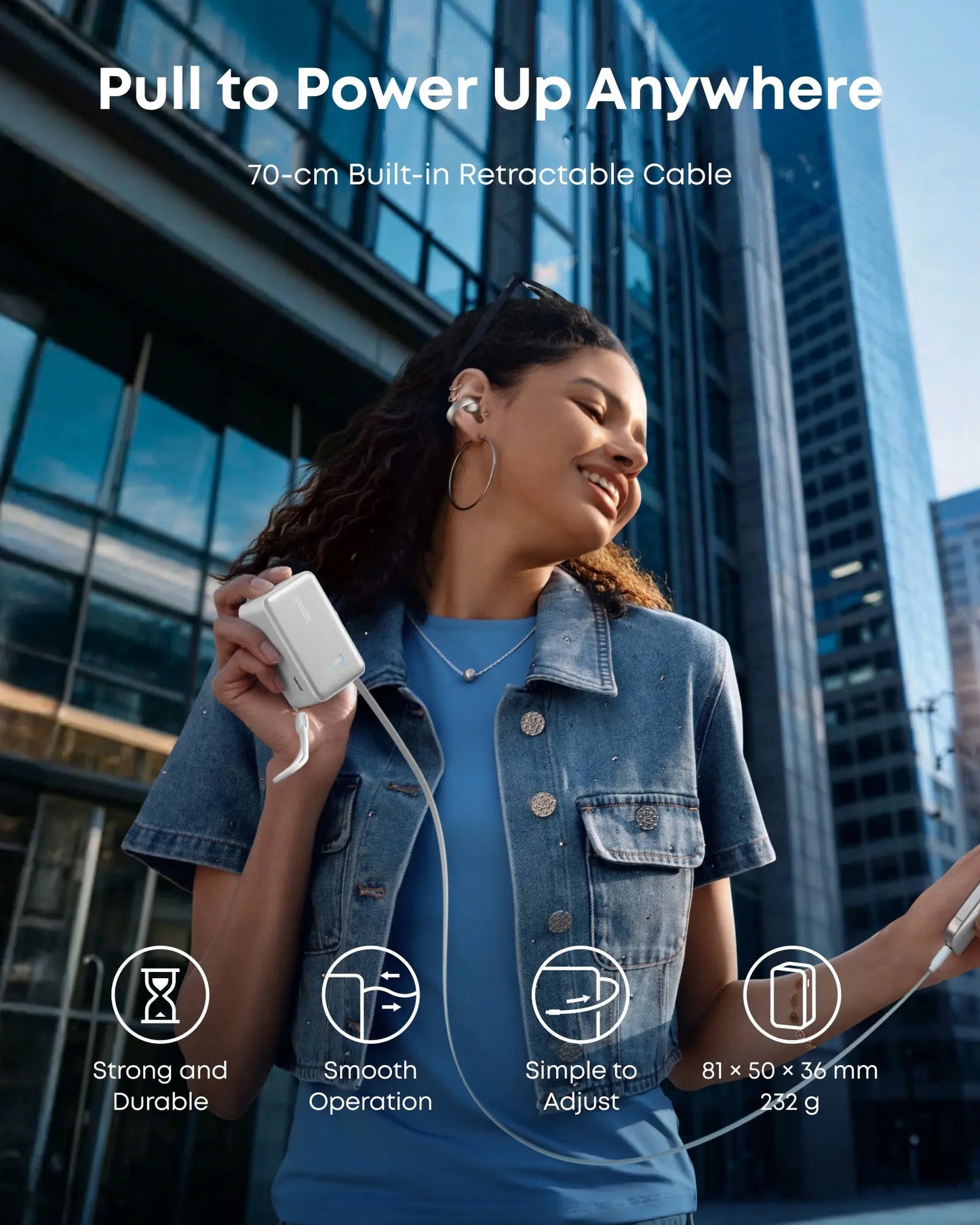 Anker Nano Power Bank 10K 45W Built-In Retractable USB-C Cable White - باوربنك 10000 ملي امبير 45 واط مع كيبل تايب سي مدمج قابل للسحب من انكر ابيض