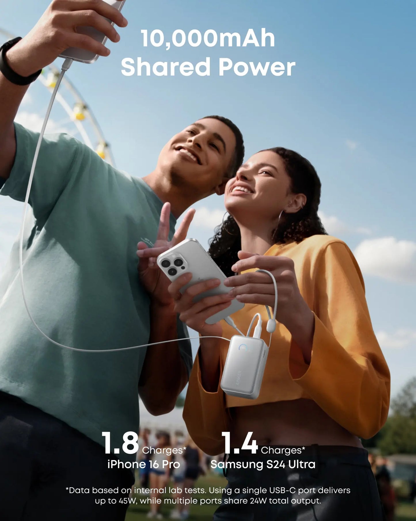 Anker Nano Power Bank 10K 45W Built-In Retractable USB-C Cable White - باوربنك 10000 ملي امبير 45 واط مع كيبل تايب سي مدمج قابل للسحب من انكر ابيض