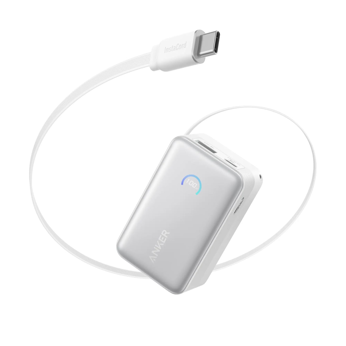 Anker Nano Power Bank 10K 45W Built-In Retractable USB-C Cable White - باوربنك 10000 ملي امبير 45 واط مع كيبل تايب سي مدمج قابل للسحب من انكر ابيض