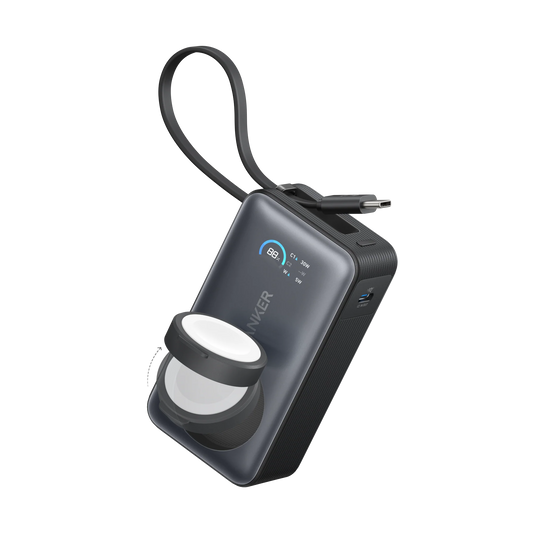 Anker MagGo Power Bank 10K mAh 35W (Phone and Apple Watch) Black - باوربنك 10000 ملي امبير للهاتف ولساعة ابل 35 واط مع كيبل تايب سي مدمج من انكر اسود