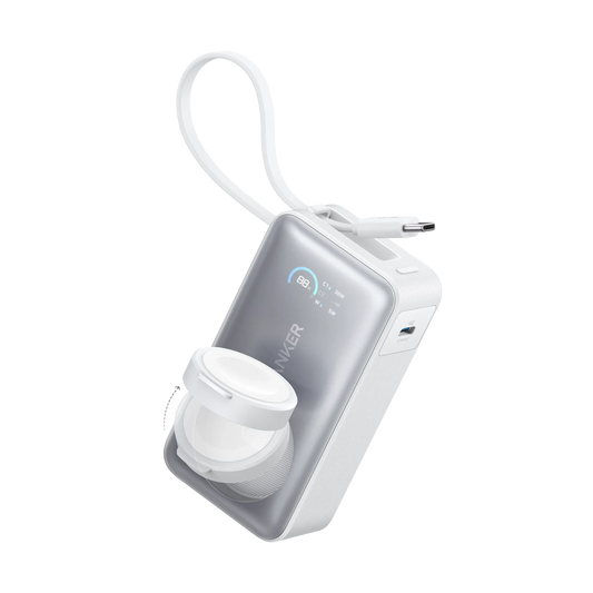 Anker MagGo Power Bank 10K mAh 35W (Phone and Apple Watch) White - باوربنك 10000 ملي امبير للهاتف ولساعة ابل 35 واط مع كيبل تايب سي مدمج من انكر ابيض