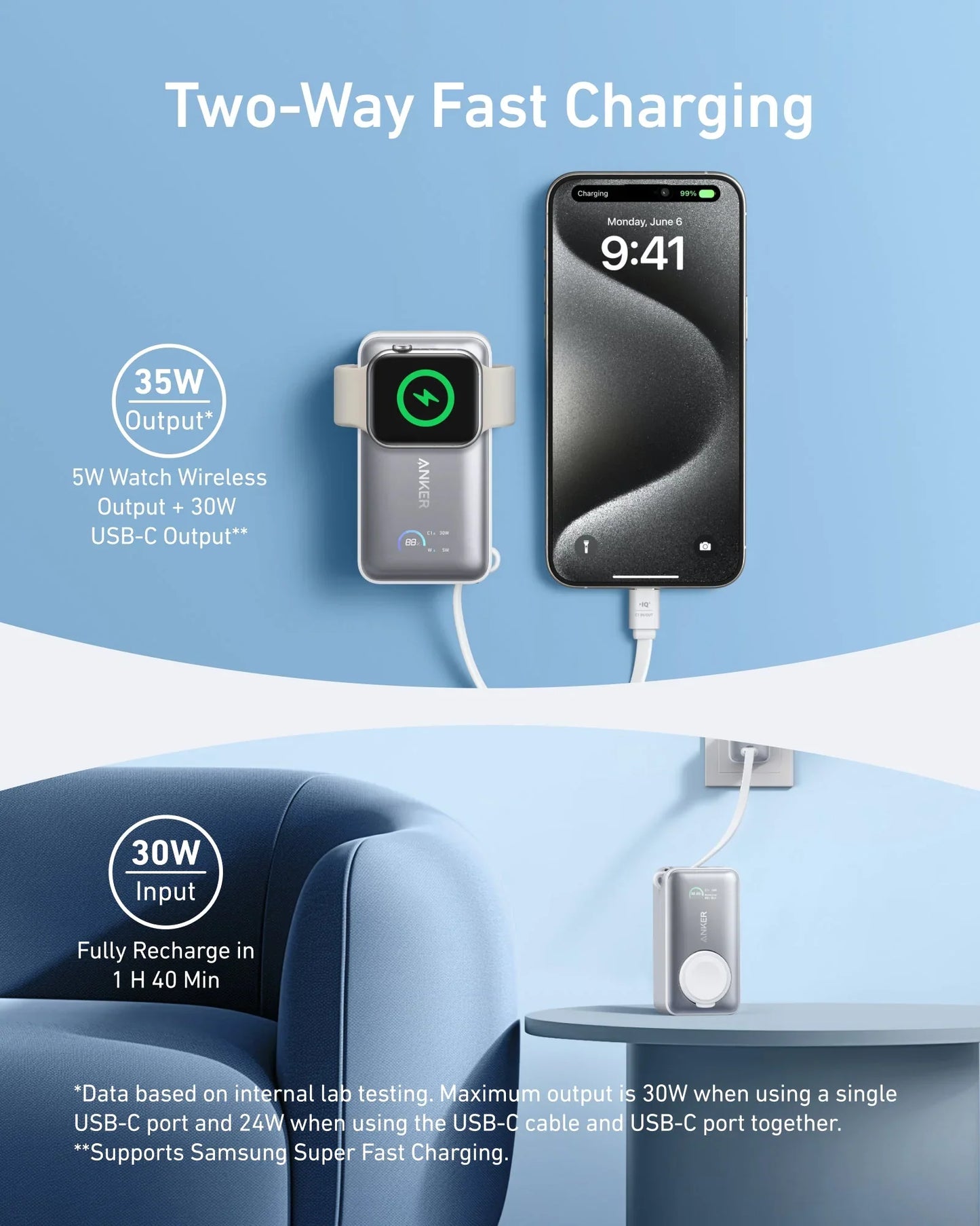 Anker MagGo Power Bank 10K mAh 35W (Phone and Apple Watch) White - باوربنك 10000 ملي امبير للهاتف ولساعة ابل 35 واط مع كيبل تايب سي مدمج من انكر ابيض