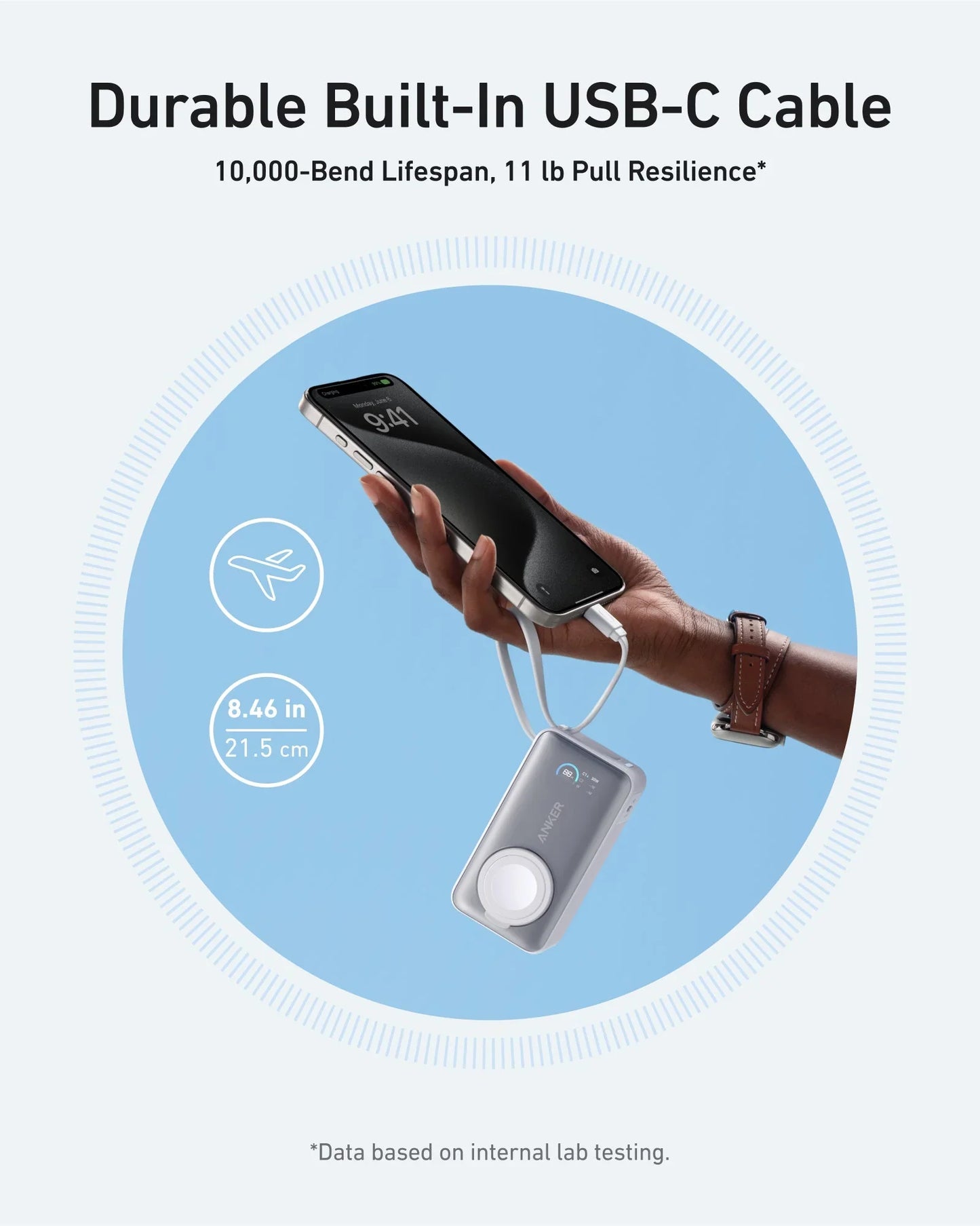 Anker MagGo Power Bank 10K mAh 35W (Phone and Apple Watch) White - باوربنك 10000 ملي امبير للهاتف ولساعة ابل 35 واط مع كيبل تايب سي مدمج من انكر ابيض