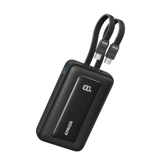 Anker Zolo Power Bank 10K mAh 35W Built-In Dual USB-C Cables Black - باوربنك 10000 ملي امبير 35 واط مع كيبل تايب سي عدد 2 مدمج من انكر اسود