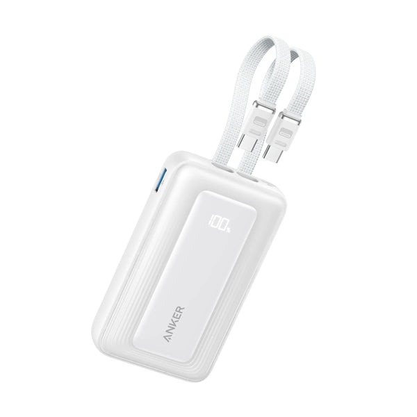 Anker Zolo Power Bank 10K mAh 35W Built-In Dual USB-C Cables White - باوربنك 10000 ملي امبير 35 واط مع كيبل تايب سي عدد 2 مدمج من انكر ابيض