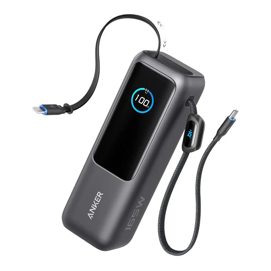Anker power bank with built-in USB-C and retractable cable, displaying the Anker logo and a digital battery indicator.