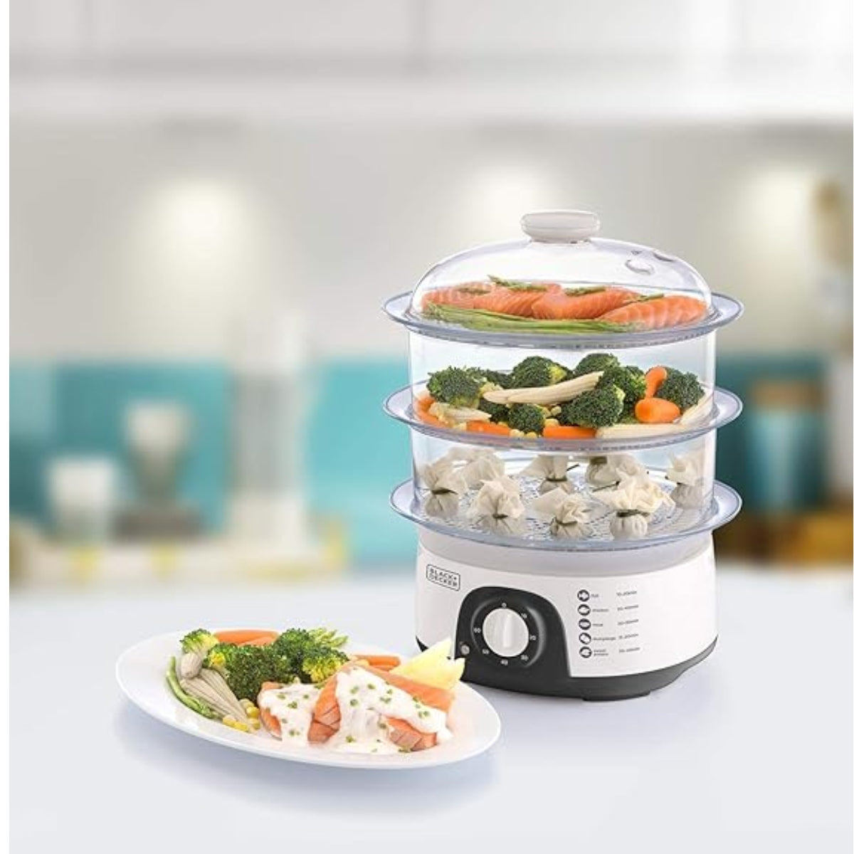 Black&Decker HS6000-B5 FOOD STEAMER 775W silver/ White - جهاز طهي الطعام بالبخار بسعة 10 لتر وبقدرة 775 واط من بلاك اد ديكر