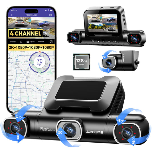 Azdome Dash Cam M660 4 Channels 4K with 128GB TF card - كاميرا سيارة رباعية القنوات بتغطية 360 درجة دقة 4K امامية و2K في وضع الأربع قنوات ذاكرة داخلية 128 جيجابايت من ازدوم