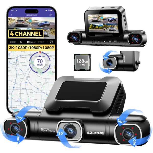 Azdome Dash Cam M660 4 Channels 4K with 128GB TF card - كاميرا سيارة رباعية القنوات بتغطية 360 درجة دقة 4K امامية و2K في وضع الأربع قنوات ذاكرة داخلية 128 جيجابايت من ازدوم