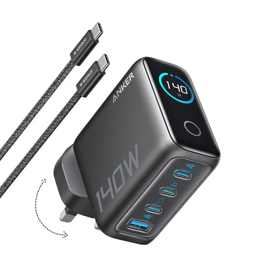 Anker Zolo Charger 140W 3C1A GaN with 1.5m USB-C Cable Dark Gray - شاحن 140 واط متعدد المنافذ مع كيبل تايب سي تايب سي 1.5 متر وشاشة رقمية من انكر