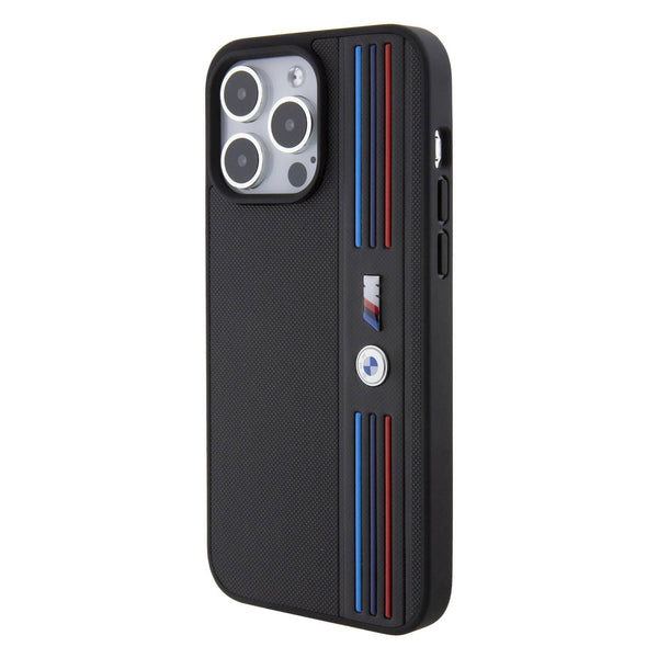 BMW M PU Leather Case with Mesh Tricolor Pattern for iPhone 15 Promax Black - كفر للايفون 15 برو ماكس من بي ام دبليو