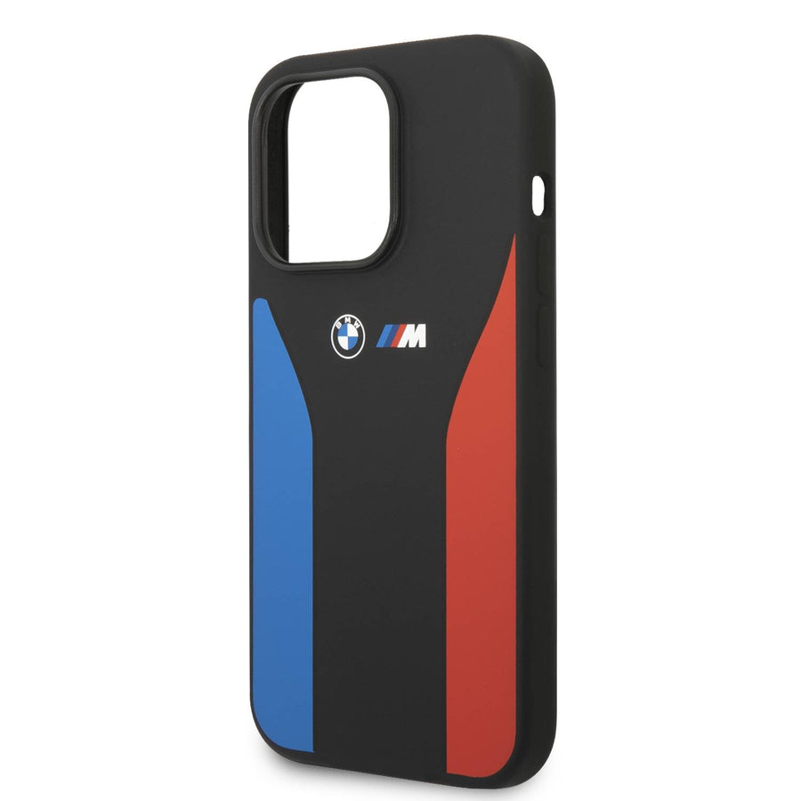 BMW M Silicone Case with Blue & Red Strips for iPhone 15 Promax Black - كفر سيليكون للايفون 15 برو ماكس من بي ام دبليو ام