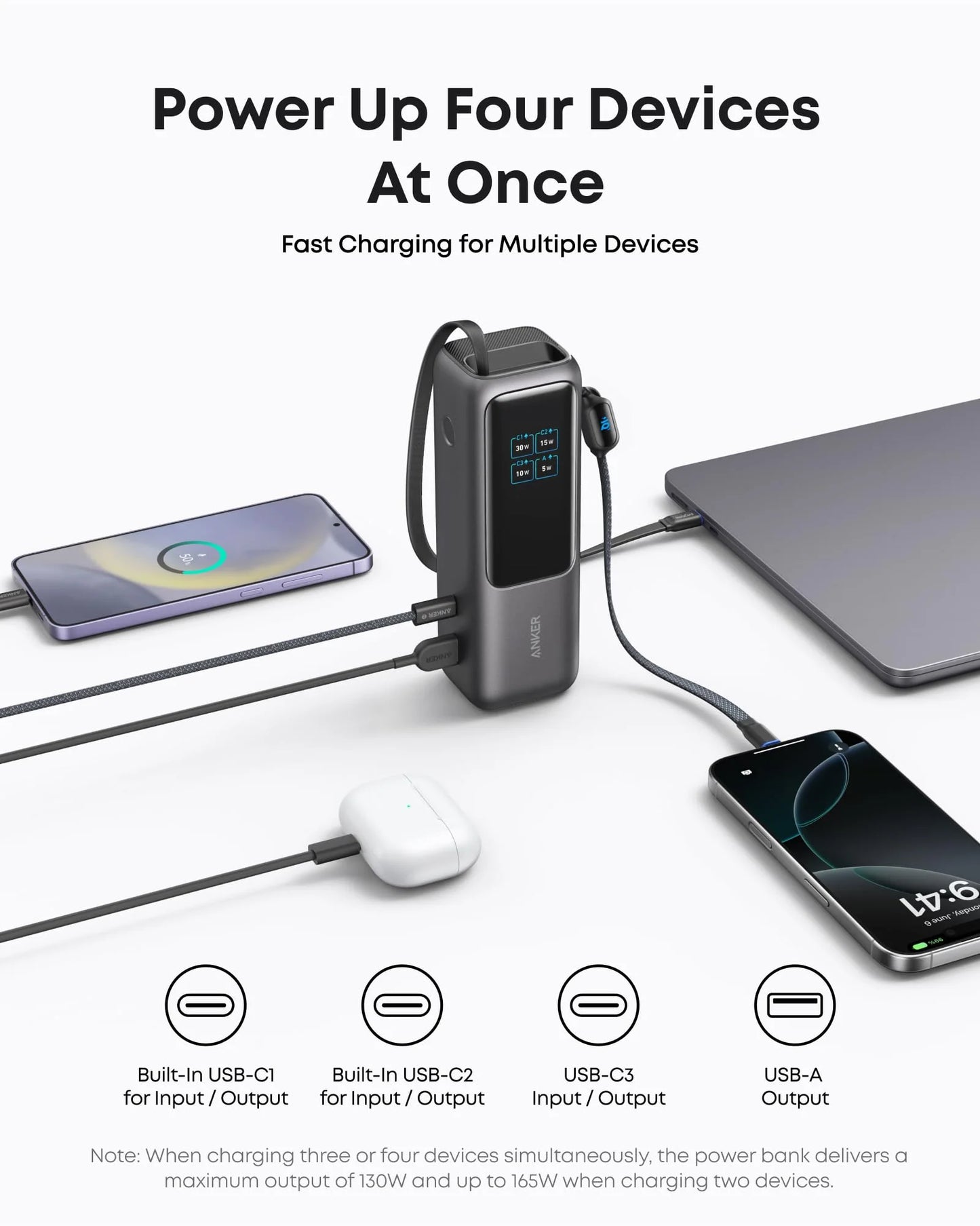 Anker Power Bank 25K mAh 165W Built-In USB-C and Retractable Cable Black - باوربنك 25000 ملي امبير 165 واط مع كيبل تايب سي مدمج وقابل للسحب من انكر اسود