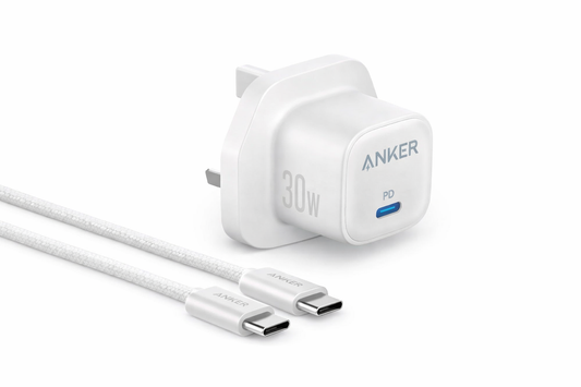ANKER ZOLO WALL CHARGER 30W WITH USB-C to USB-C CABLE FAST CHARGING PD WHITE - شاحن تايب سي 30 واط مع كيبل تايب سي تايب سي من انكر ابيض
