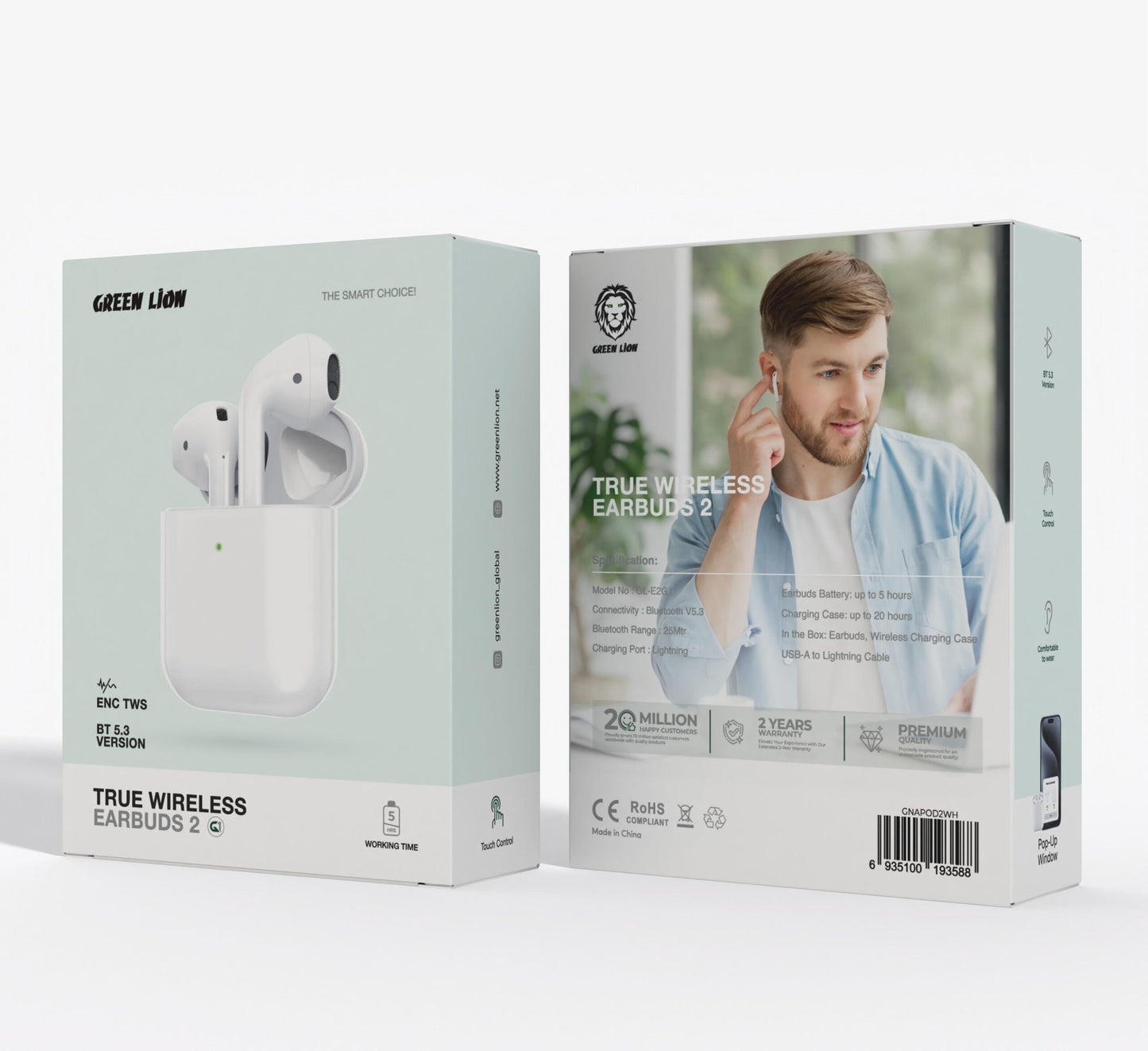 Green Lion True Wireless Earbuds 2 White - سماعات بلوتوث من كرين ابيض