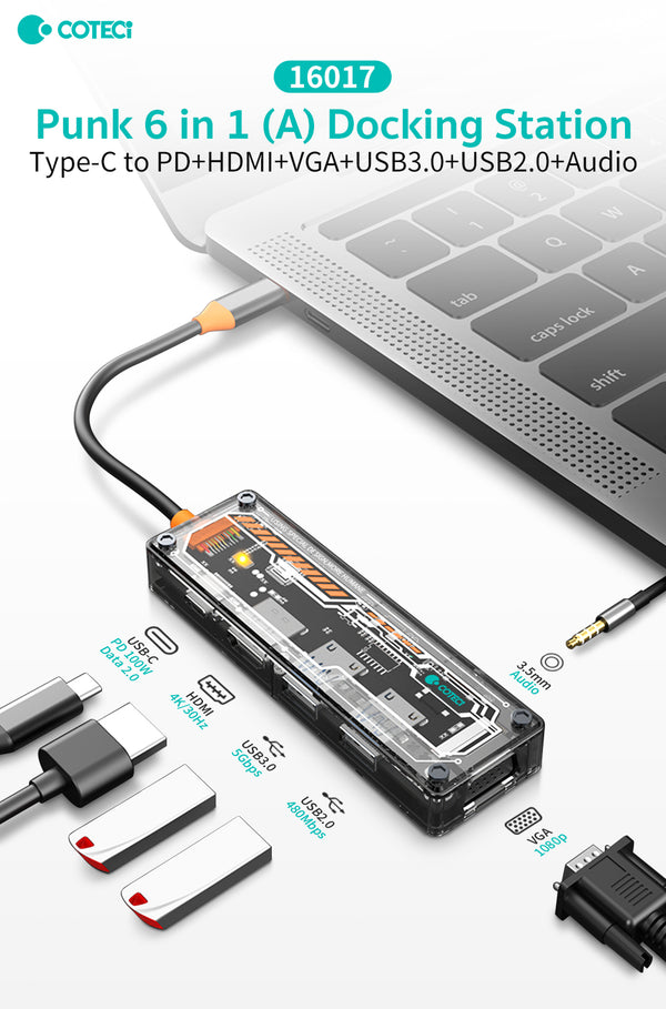 COTECI PUNK 6 IN 1 (A) DOCKING STATION 16017 - توصالة تايب سي 6 في 1 من كوتي