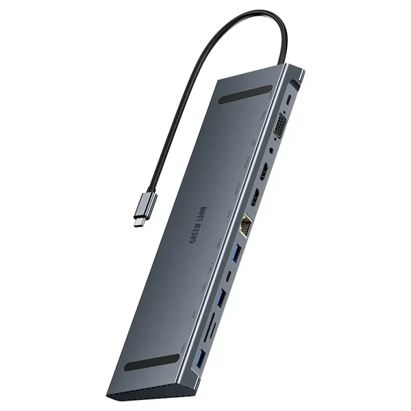 Green Lion 12 in 1 4K HDMI Ethernet USB-C HUB Gray - توصالة تايب سي 12 في 1 من كرين رمادي