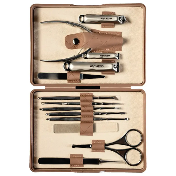 Green Lion 13 Piece Manicure set Kakhi - مجموعة مانيكير 13 في 1 للعناية الشخصية من كرين خاكي