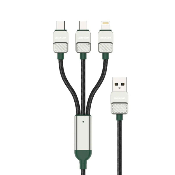 Green Lion 3-in-1 Braided Electroplated Cable USB A to C+C+L 1.2m Black+Green - كيبل يو اس بي 3 في 1 من كرين اسود واخضر