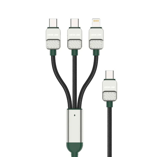Green Lion 3-in-1 Braided Electroplated Cable USB C to C+C+L 1.2m Black+Green - كيبل تايب سي 3 في 1 من كرين اسود واخضر