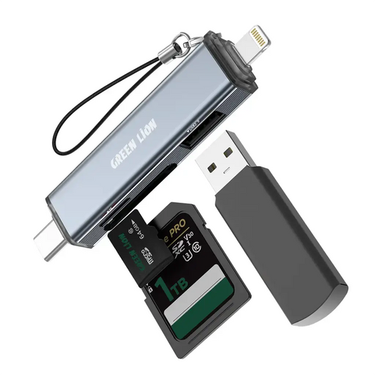 Green Lion 3 in1 Card Reader - USB-C & Lightning Connectivity Gray - قارئ بطاقات 3 في 1 من كرين