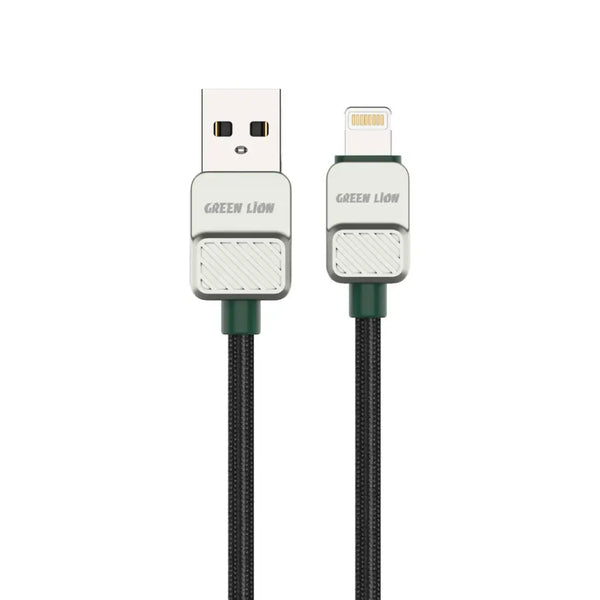 Green Lion USB A to Lightning Electroplated Braided Cable 1m 12W Black+Green - كيبل يو اس بي ايفون مضفر مطلي كهربائيًا 12 واط 1 متر من كرين اسود واخضر