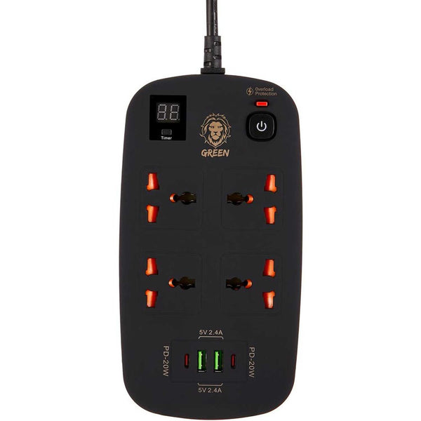 Green 4 AC 2 USB & 2 USB-C PD 40W Multiport Smart Power Socket 3500W 3M Black - سيار كهربائي ذكي متعدد المنافذ 3500 واط من كرين اسود