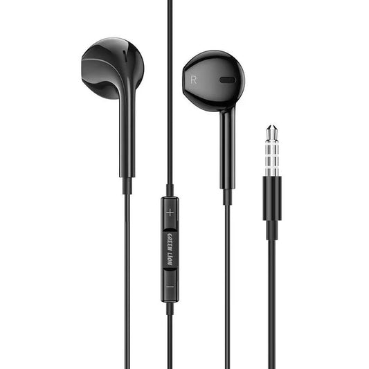 Green Lion Stereo Earphones 3.5mm with Built-In Mic Black - سماعات اوكس مع مايكروفون مدمج من كرين
