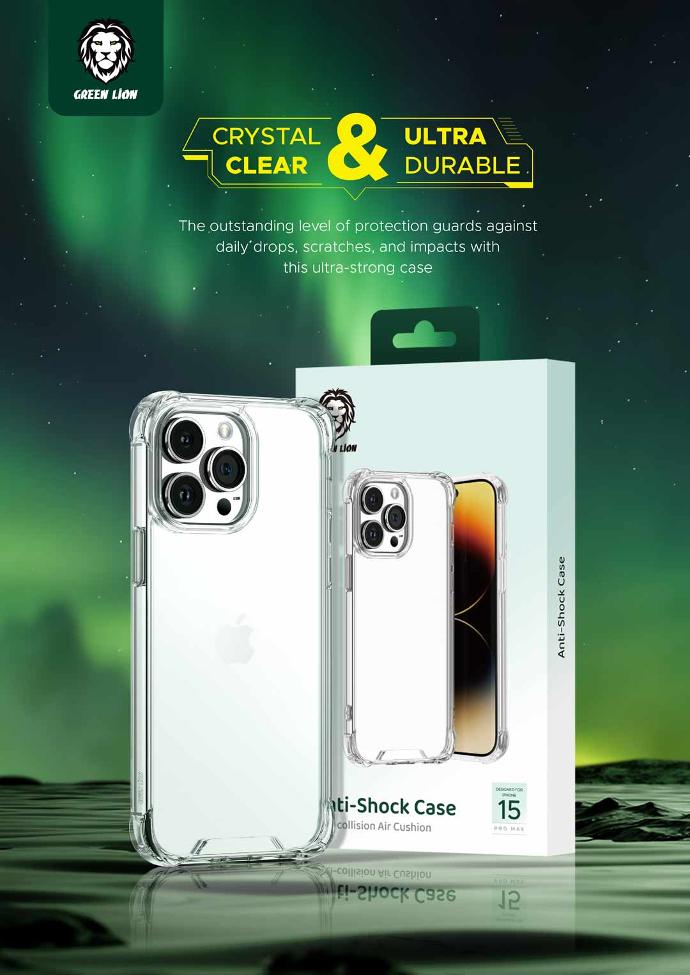 Green Lion Anti-Shock Case for iPhone 15 Pro Max ( 6.7" ) Clear - كفر ايفون 15 برو ماكس شفاف من كرين