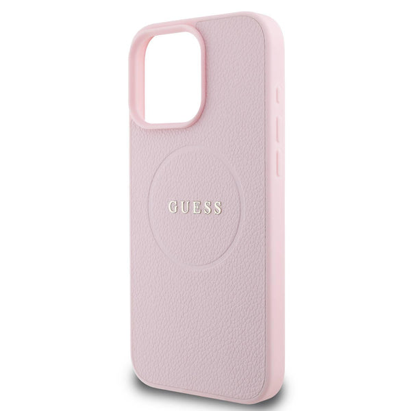 Guess Magsafe PU Grained Hard Case With Gold Ring For iPhone 16 Pro Max Pink - كفر ايفون 16 برو ماكس ماك سيف من جيسس وردي